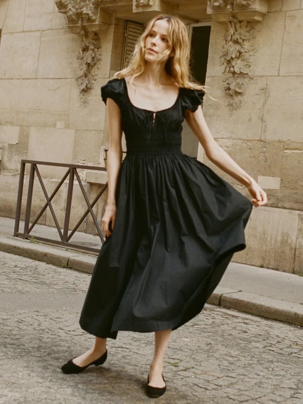 NWT DÔEN Quinn Black Organic Cotton Puff Sleeve Midi Dress XS